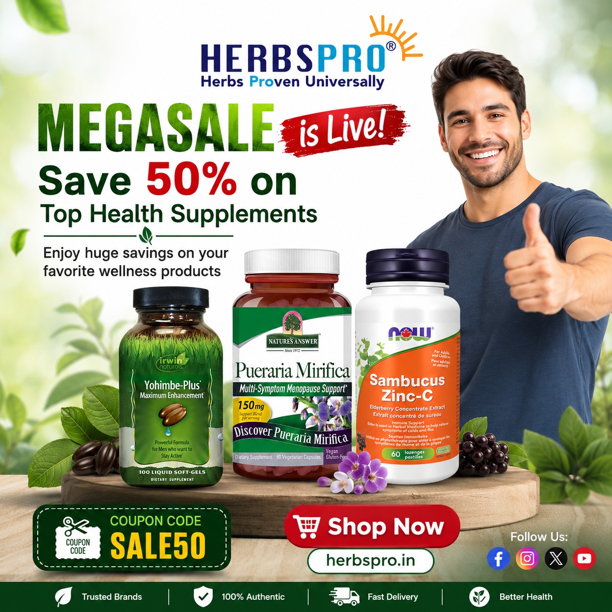 Herbspro.in Facebook ad: Flat 50% OFF Selected Items | SALE50
