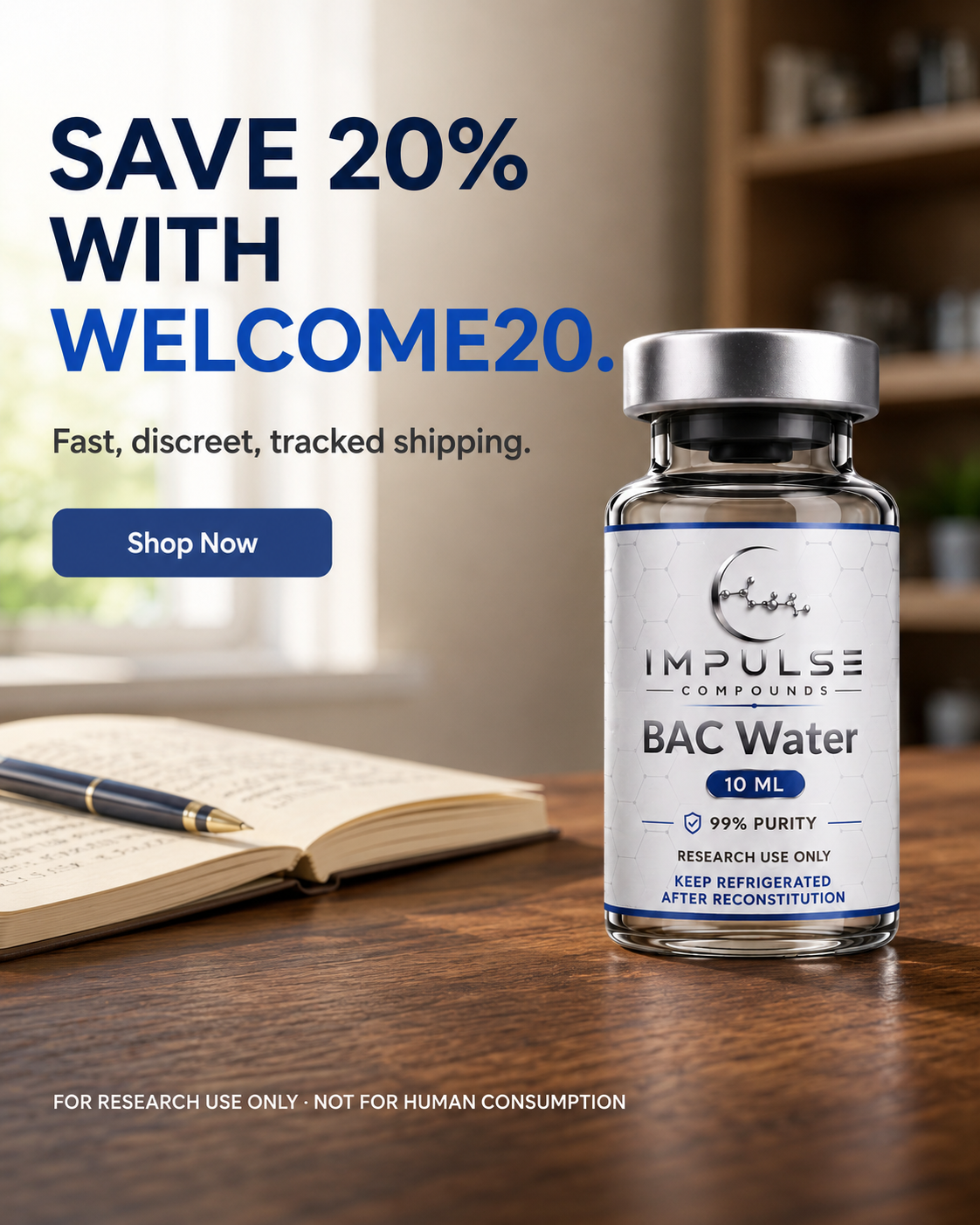 Impulse Compounds Facebook ad: 20% Off Your First Research Order