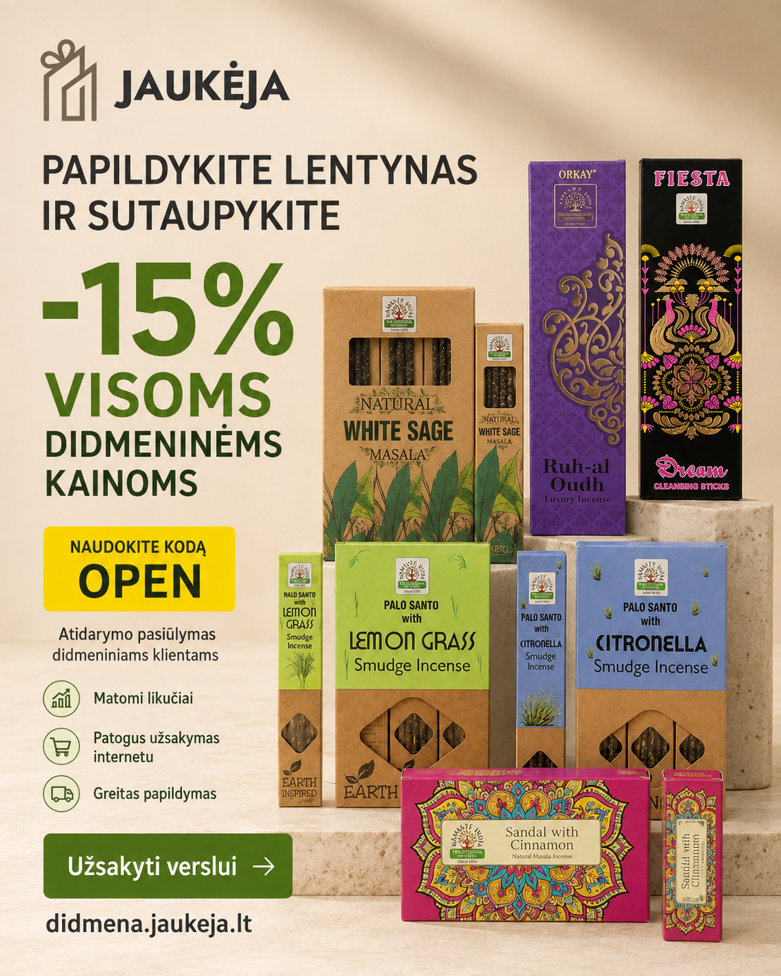 Jaukeja.lt Facebook ad: Papildykite lentynas smilkalais ir sutaupykite.