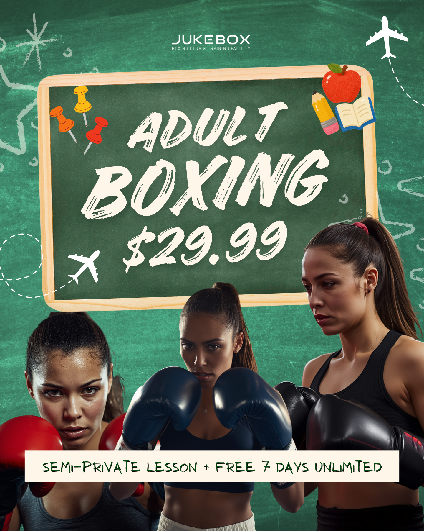 Jukebox Boxing Club Facebook ad: Semi-Private Lesson + FREE 7 Days of UNLIMITED Boxing!