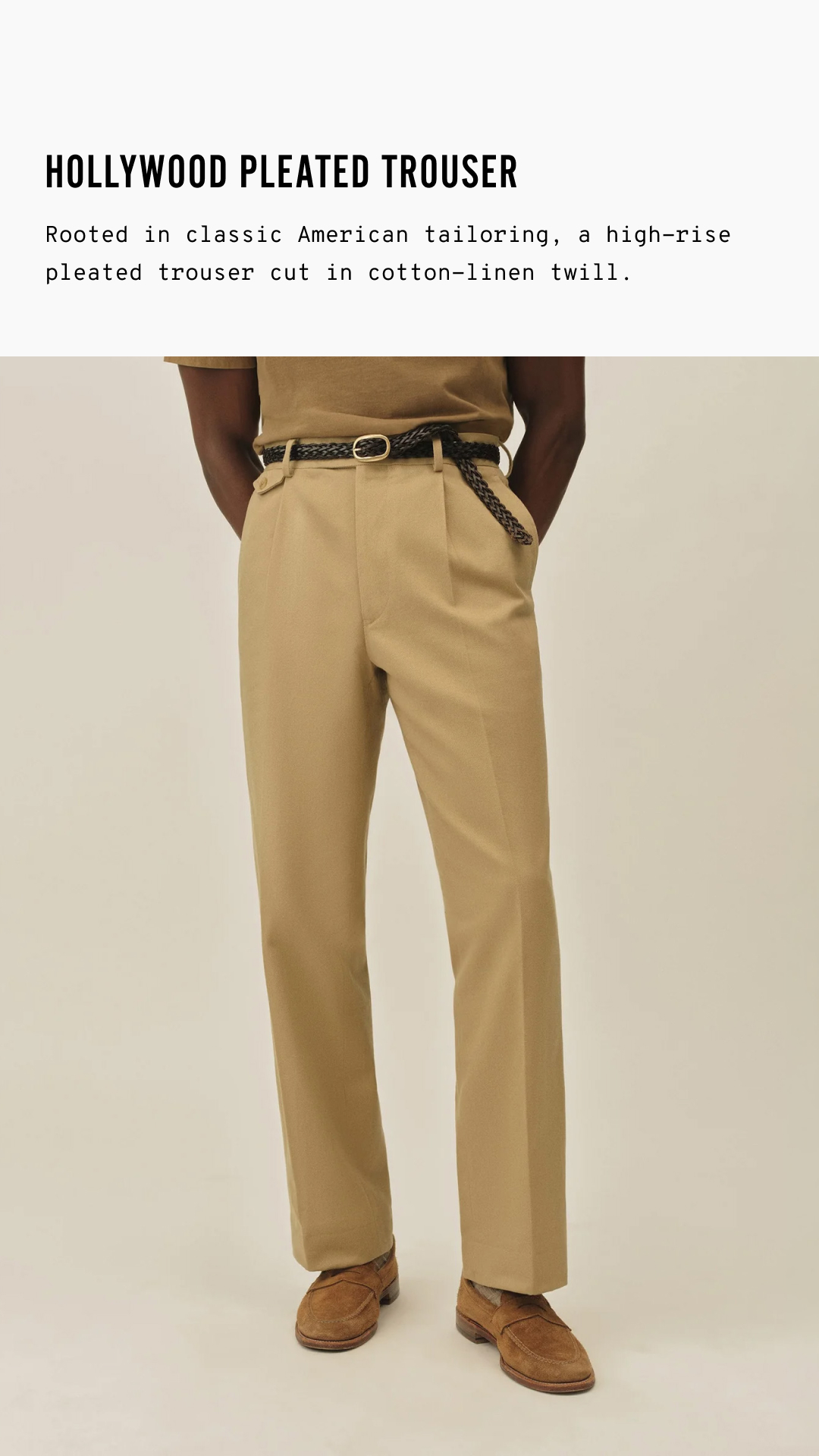 Buck Mason Facebook ad: Hollywood Pleated Trousr