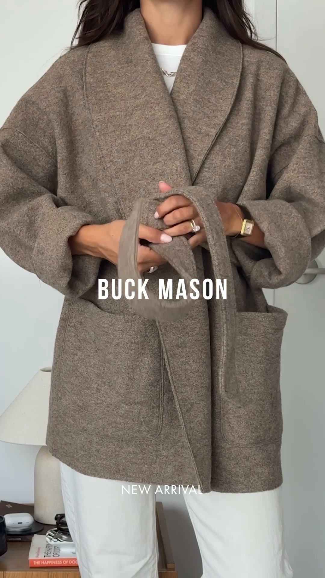 Buck Mason Women's Facebook ad: Felted Wool Wrap Coat