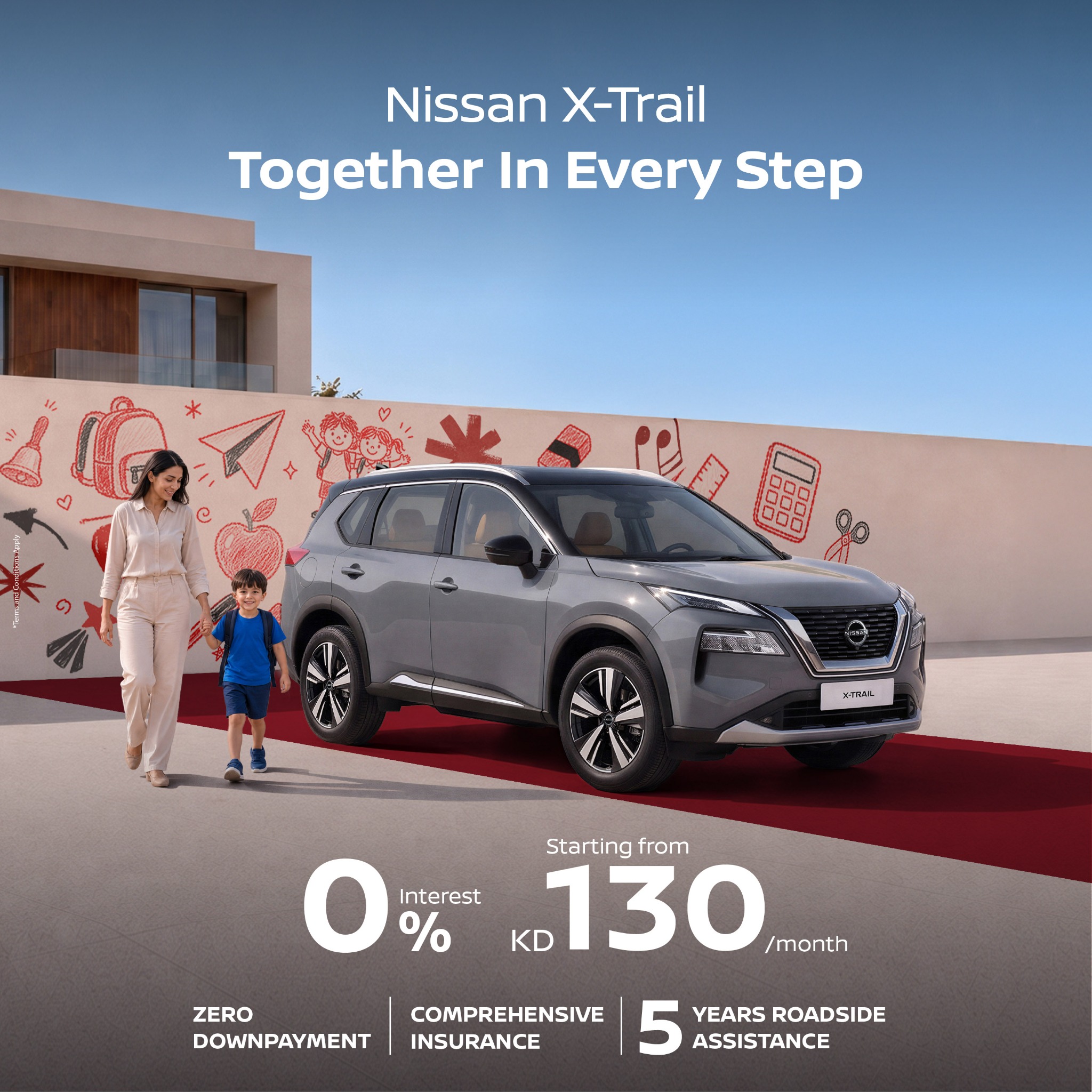 Nissan Kuwait - Al Babtain Facebook ad: Own the X-Trail with 0% interest and no down payment