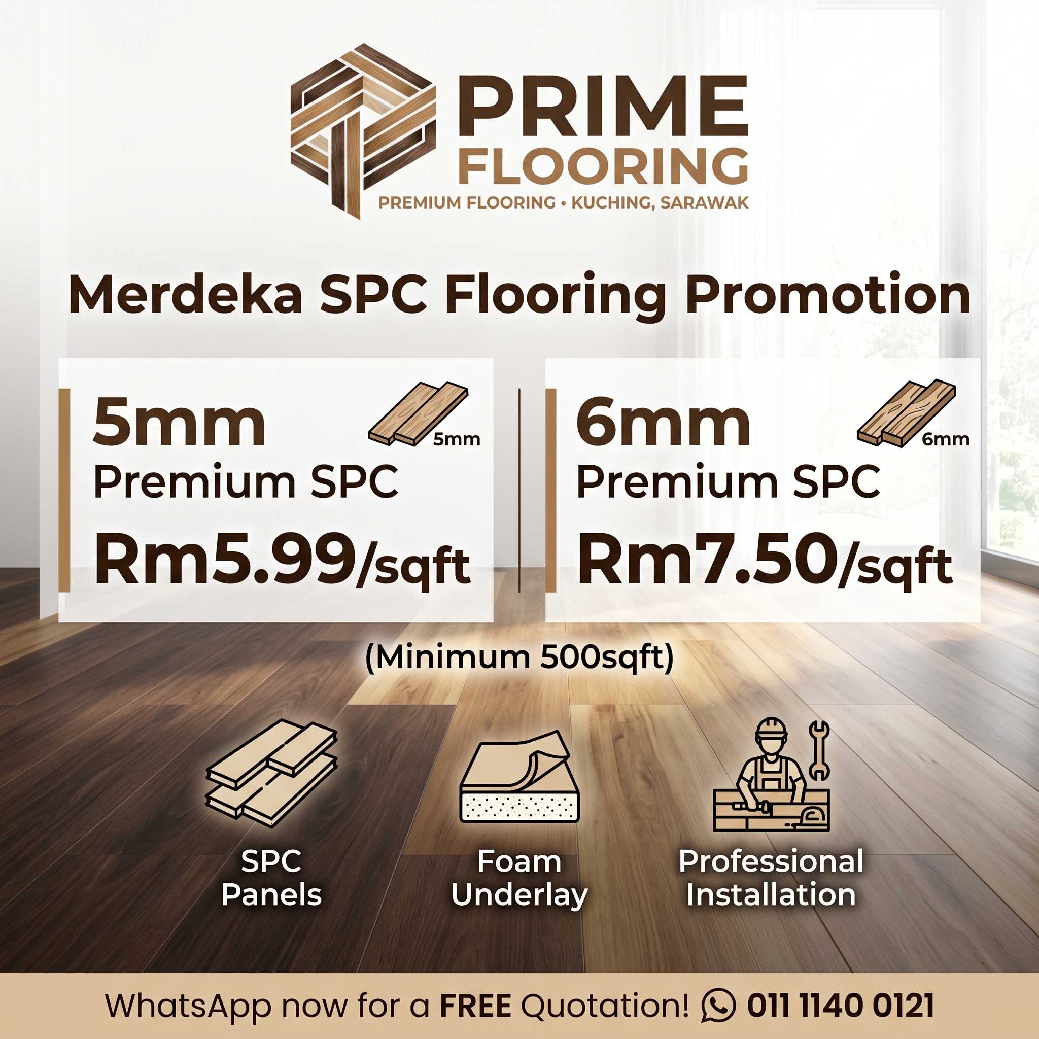 PrimeFlooring Facebook ad: Merdeka Promo: Premium SPC Flooring from Rm5.99/sqft