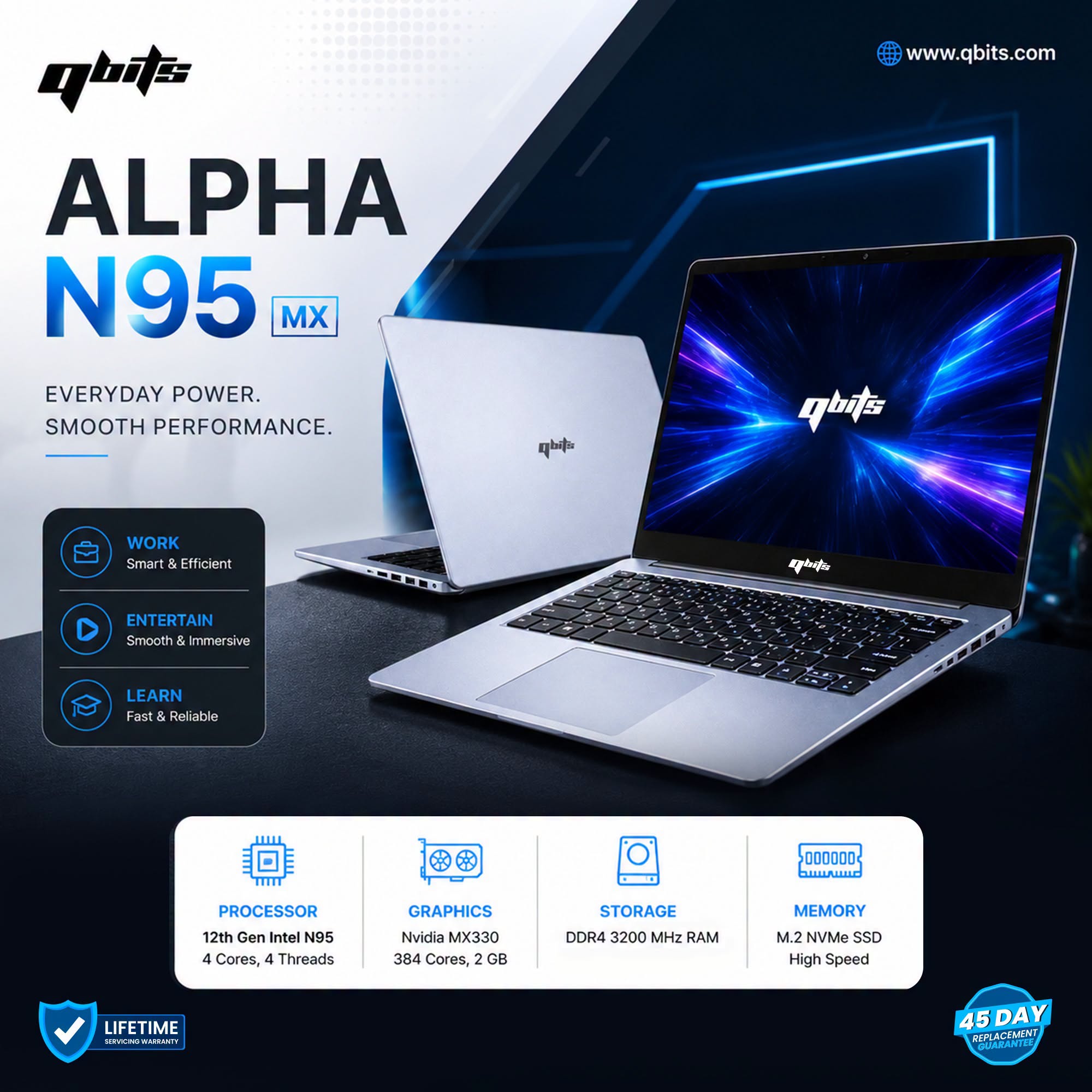 Qbits Technologies Facebook ad: 45 Days Replacement Guarantee