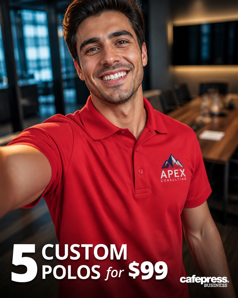 CafePress Facebook ad: 5 Custom Polos for $99
