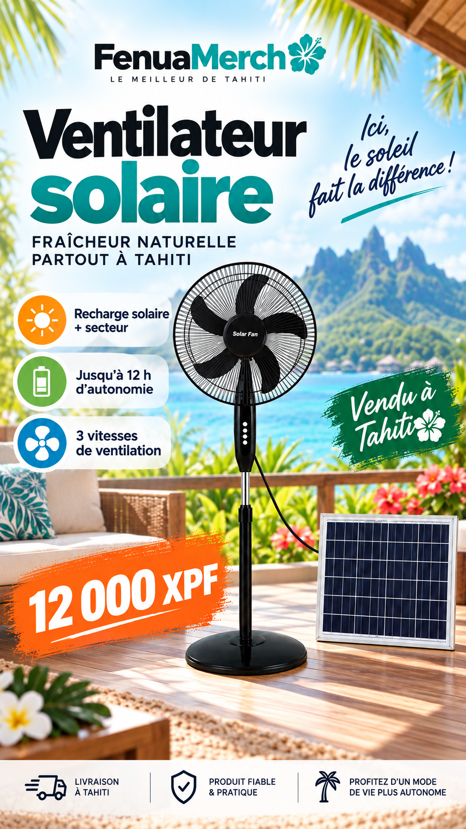 Fenua Merch Facebook ad: Ventilateur solaire 16, 12 000 XPF