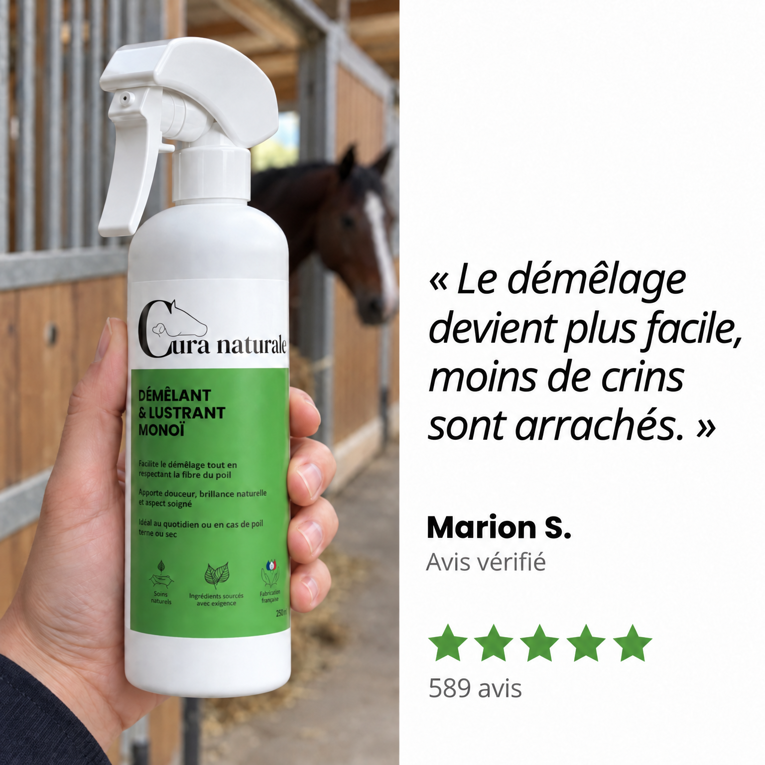 Cura naturale Facebook ad: Démêlant & lustrant pour cheval · Note 4,8/5