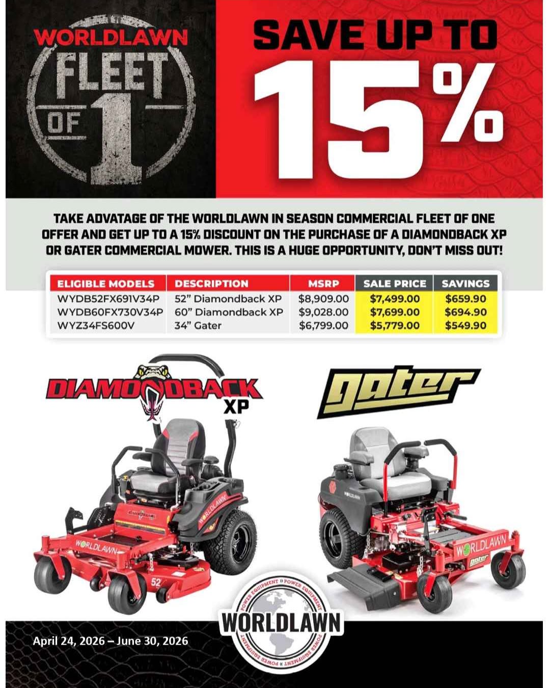 Jamie Duff Facebook ad: 15% off Worldlawn Dimondback Xp Zero-Turn Lawnmower