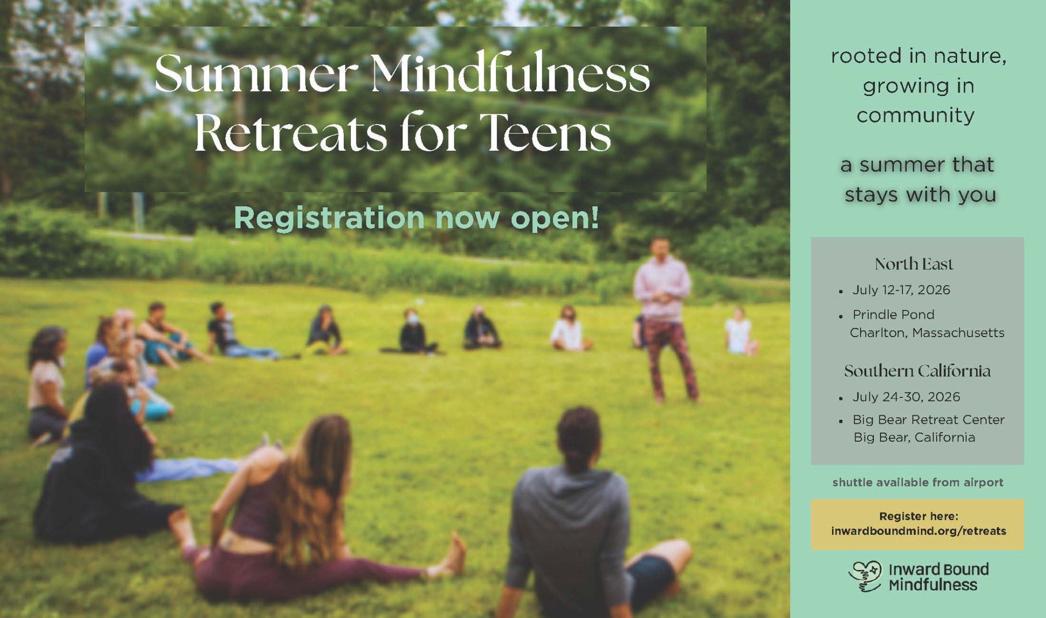 Inward Bound Mindfulness Facebook ad: Apply Now! Summer 2026 Teen Retreats