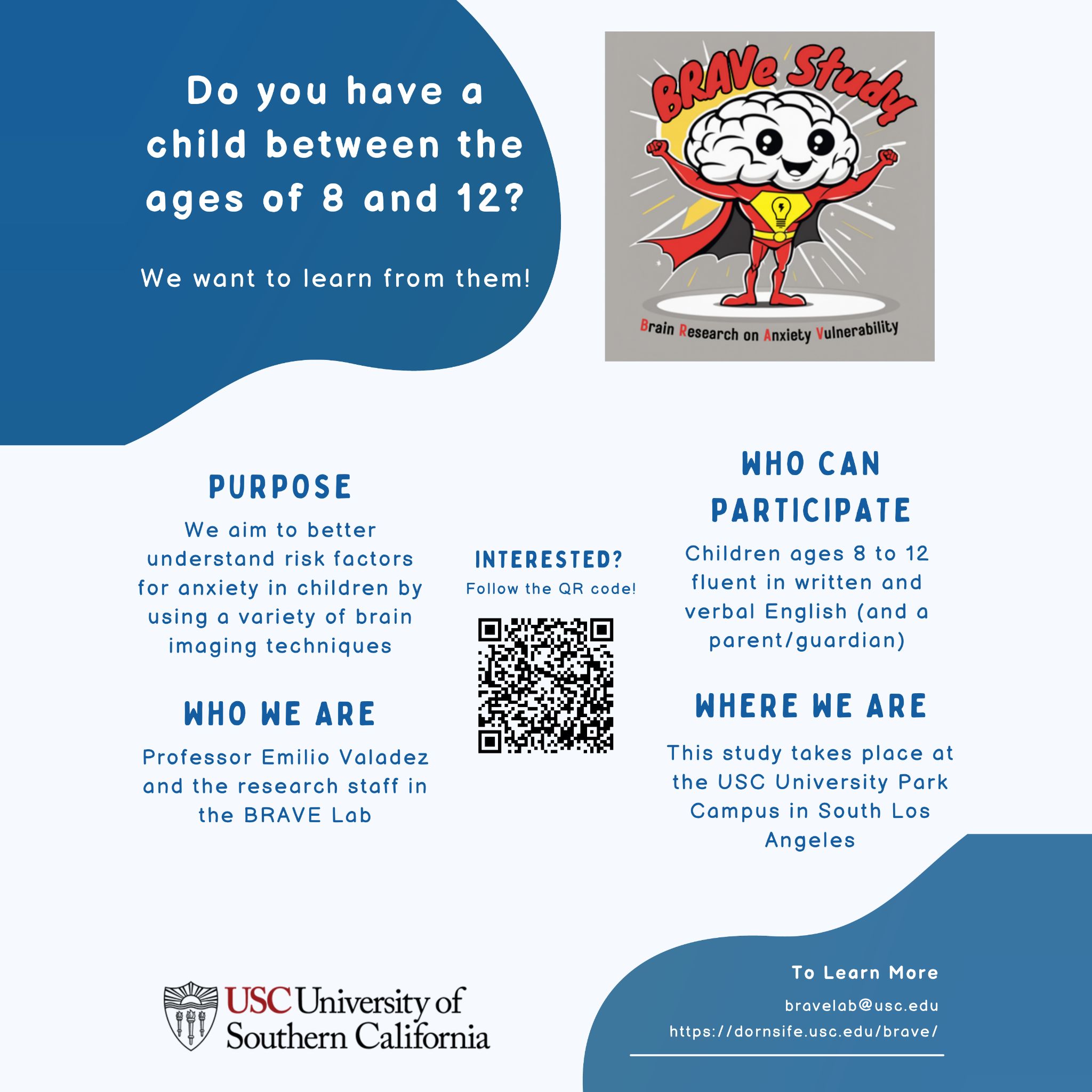 BRAVE Lab USC Facebook ad: Does Your Child (Ages 8-12) Want to Join a USC Brain Study?