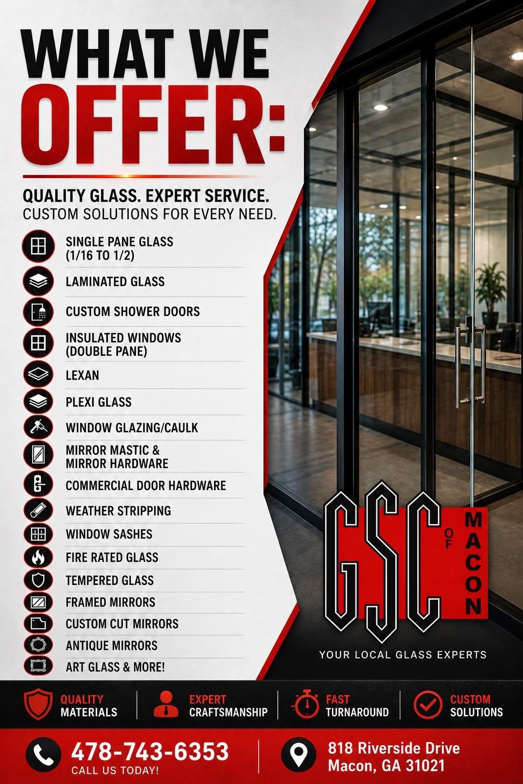 Glass Service Center Facebook ad: We have been honored to serve Middle GA…