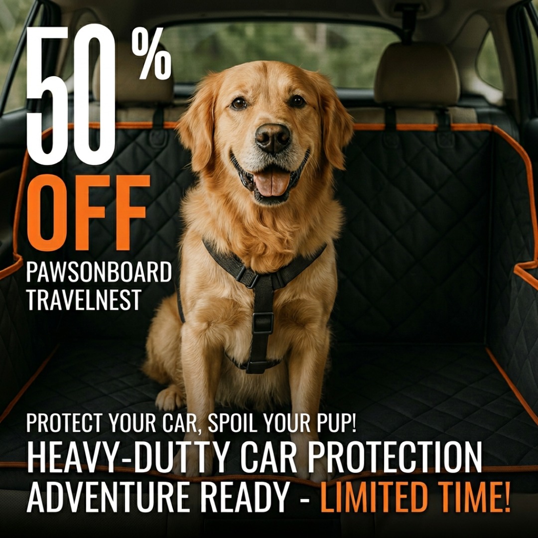 PawsonBoard Facebook ad: 50% OFF TODAY, Make Car Rides Stress-Free For You & Your Dog