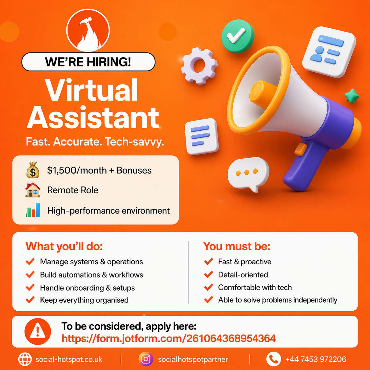 Social-Hotspot Facebook ad: Virtual Assistant Wanted, Full-Time Role