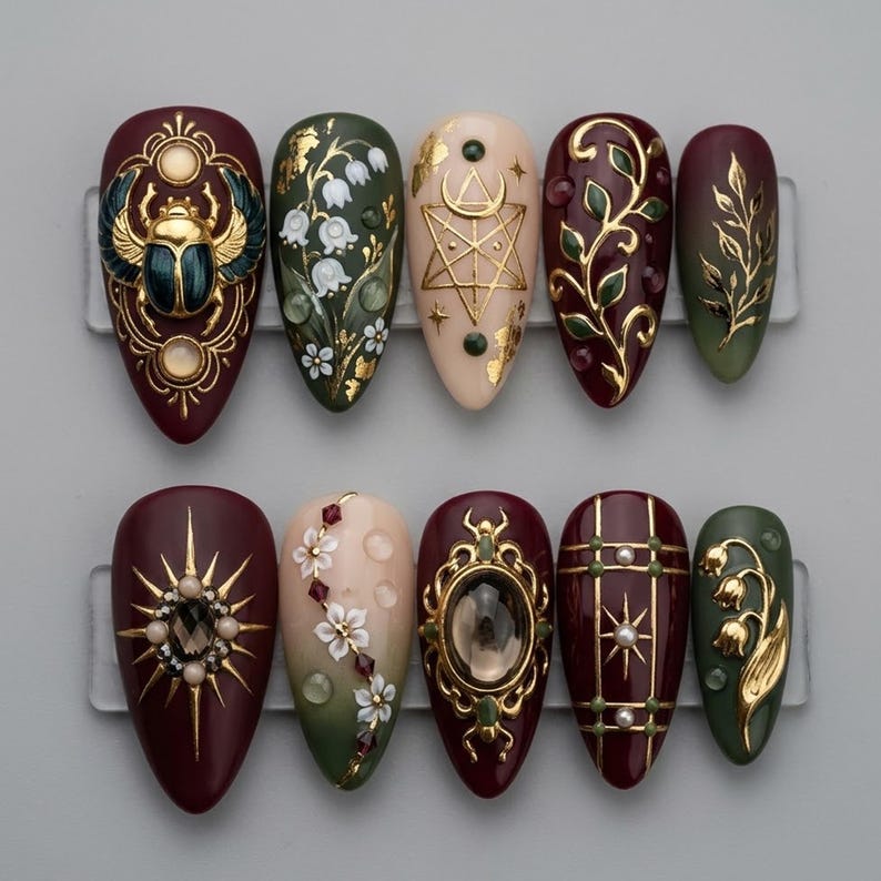 Dragonnail Custom Nails Facebook ad: Dark Academia Scarab Ornate Vintage Gold Press On Nails