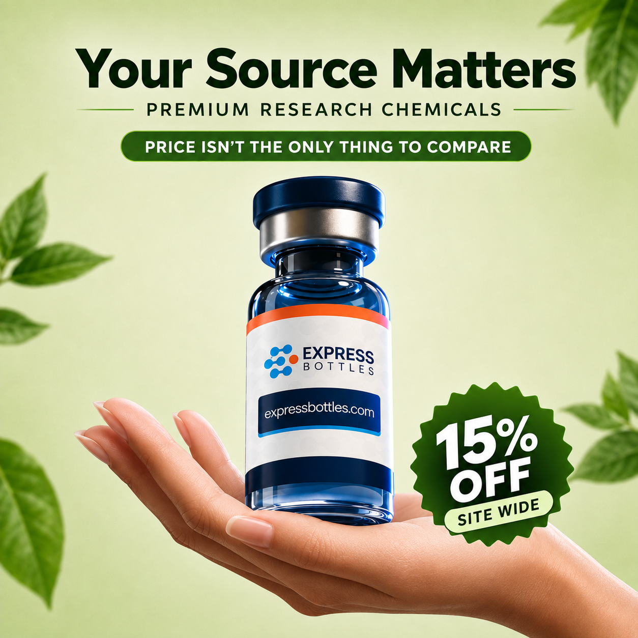 ExpressBottles Facebook ad: 15% OFF Sitewide. Research Starts Here