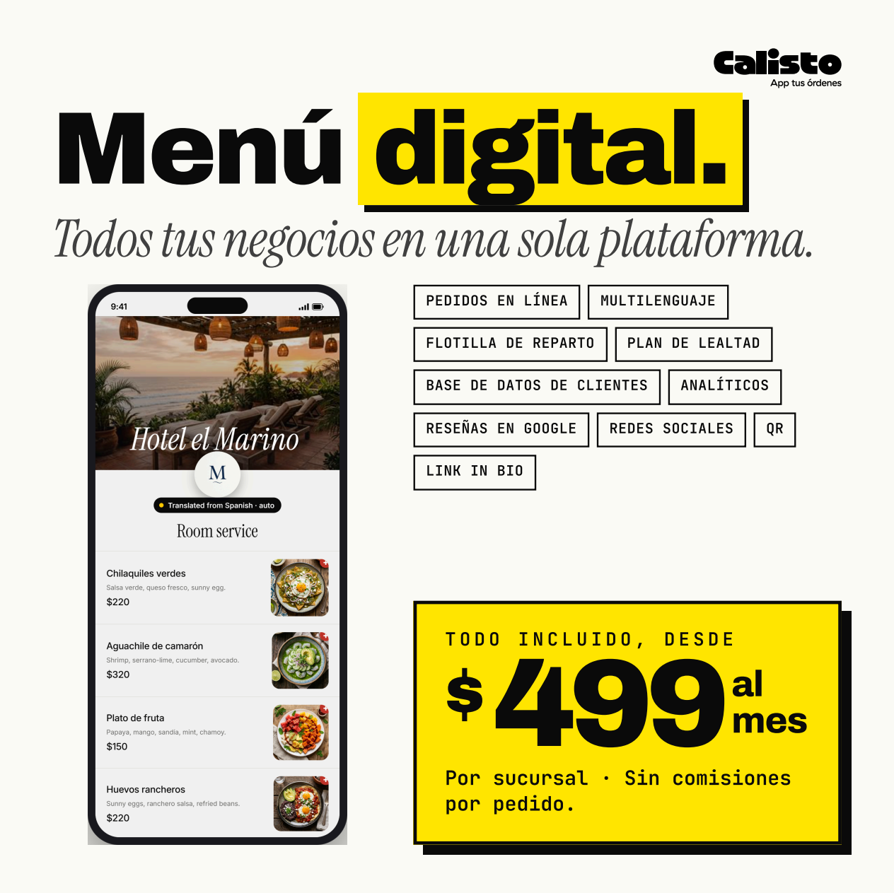 Calisto menu digital Facebook ad: Tu cliente paga $69 directo a tu flotilla propia, y a ti…