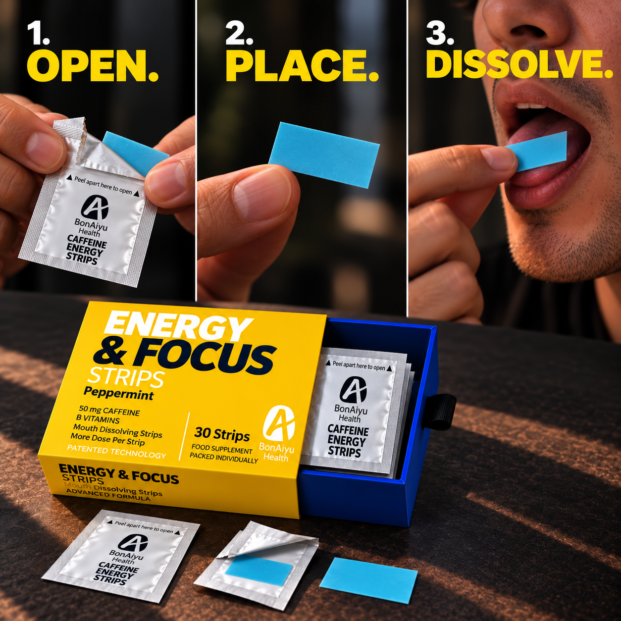 BonAiyu Health Facebook ad: Your Caffeine, 3 Simple Steps.
