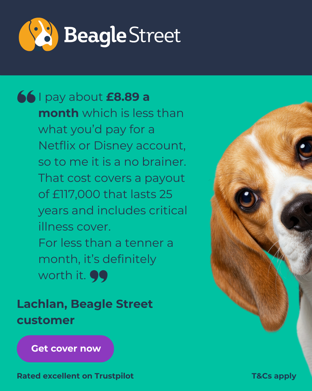 Beagle Street Life Insurance Facebook ad from Feb 17, 2026