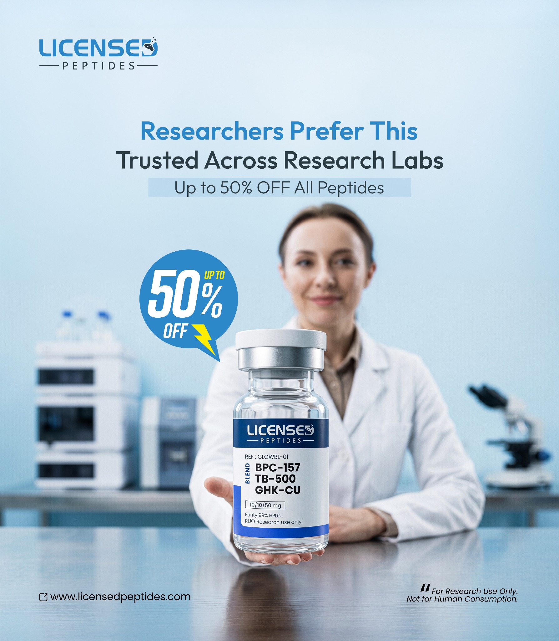 Licensed Peptides Facebook ad: UP TO 50% OFF Research Peptides