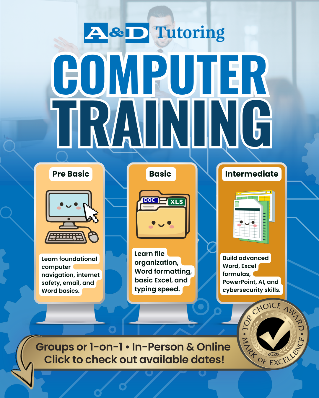 A&D Tutoring Facebook ad: Local Computer Training