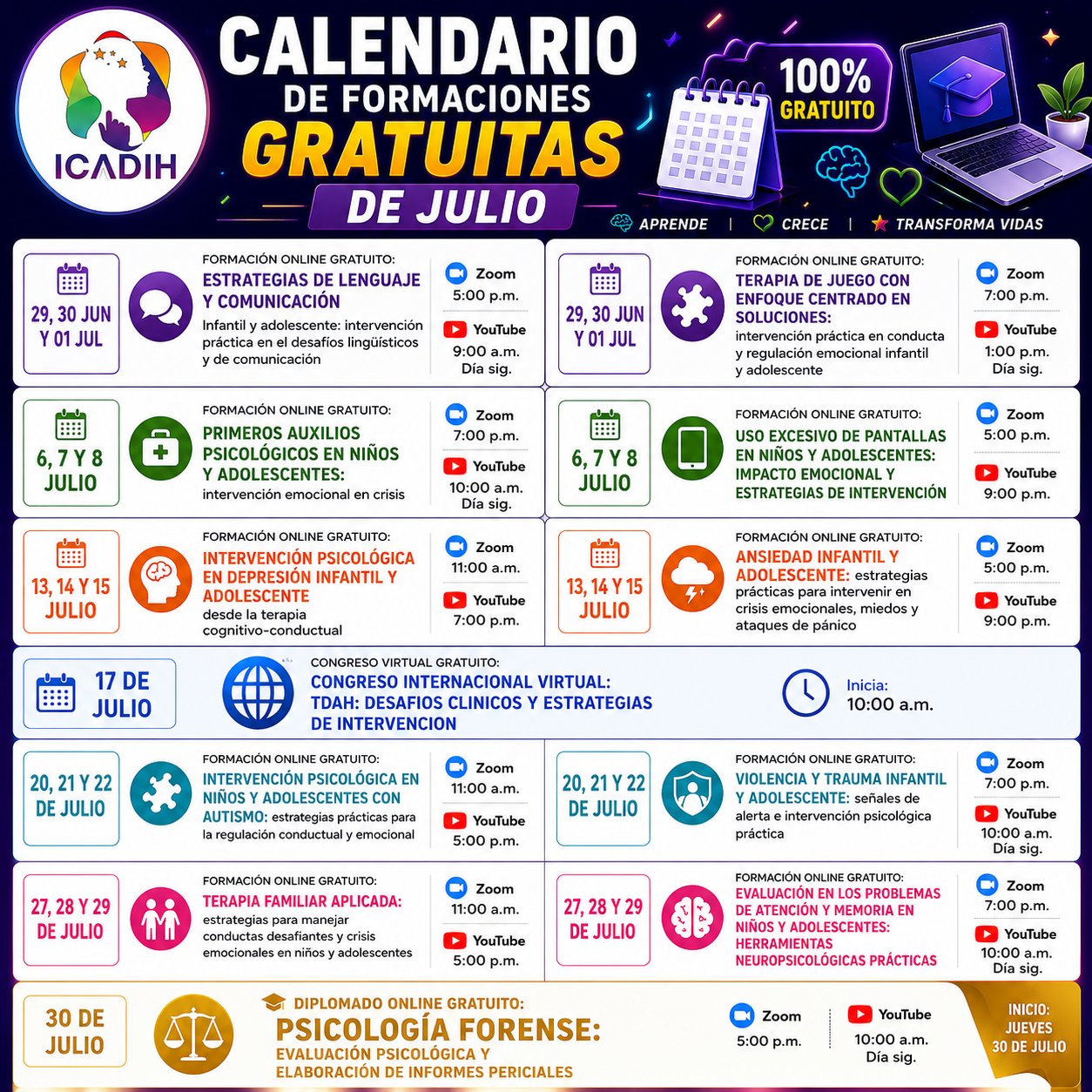 Icadih Facebook ad: CALENDARIO DE FORMACIÓN ESPECIALIZADA, JULIO 2026