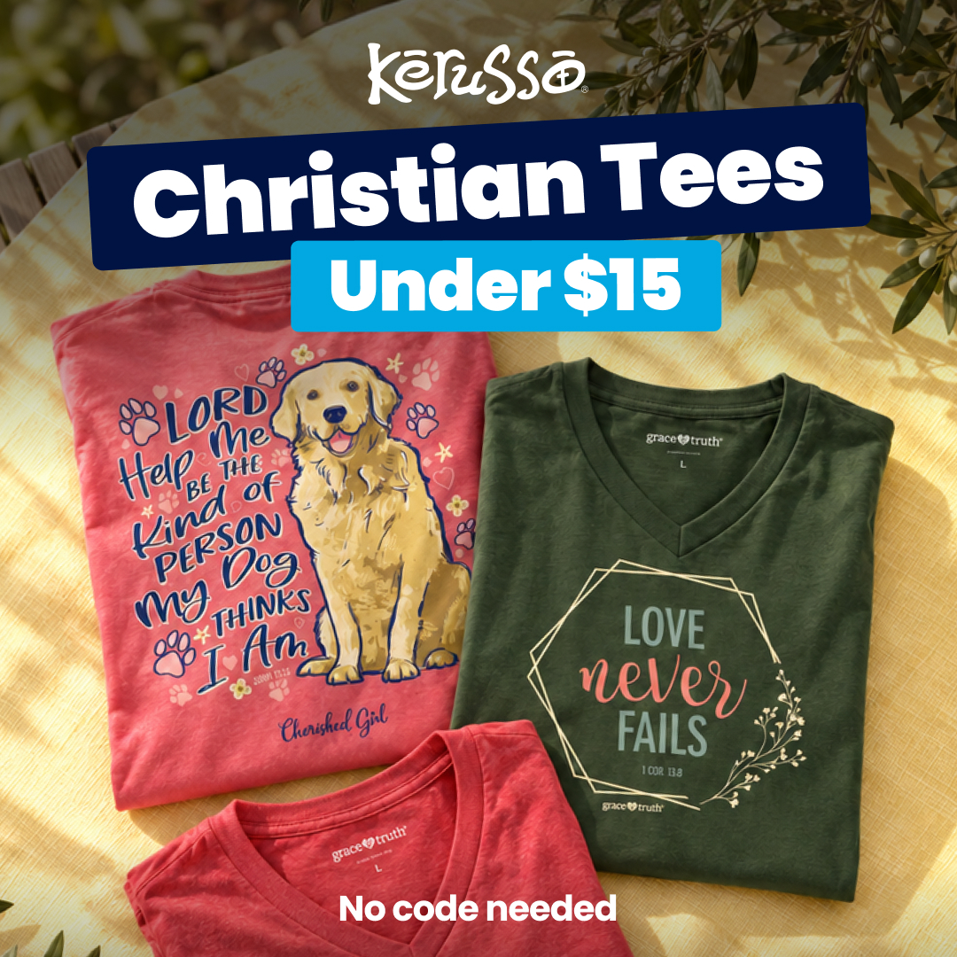 Kerusso Facebook ad: Faith-Filled Tees. Under $15.