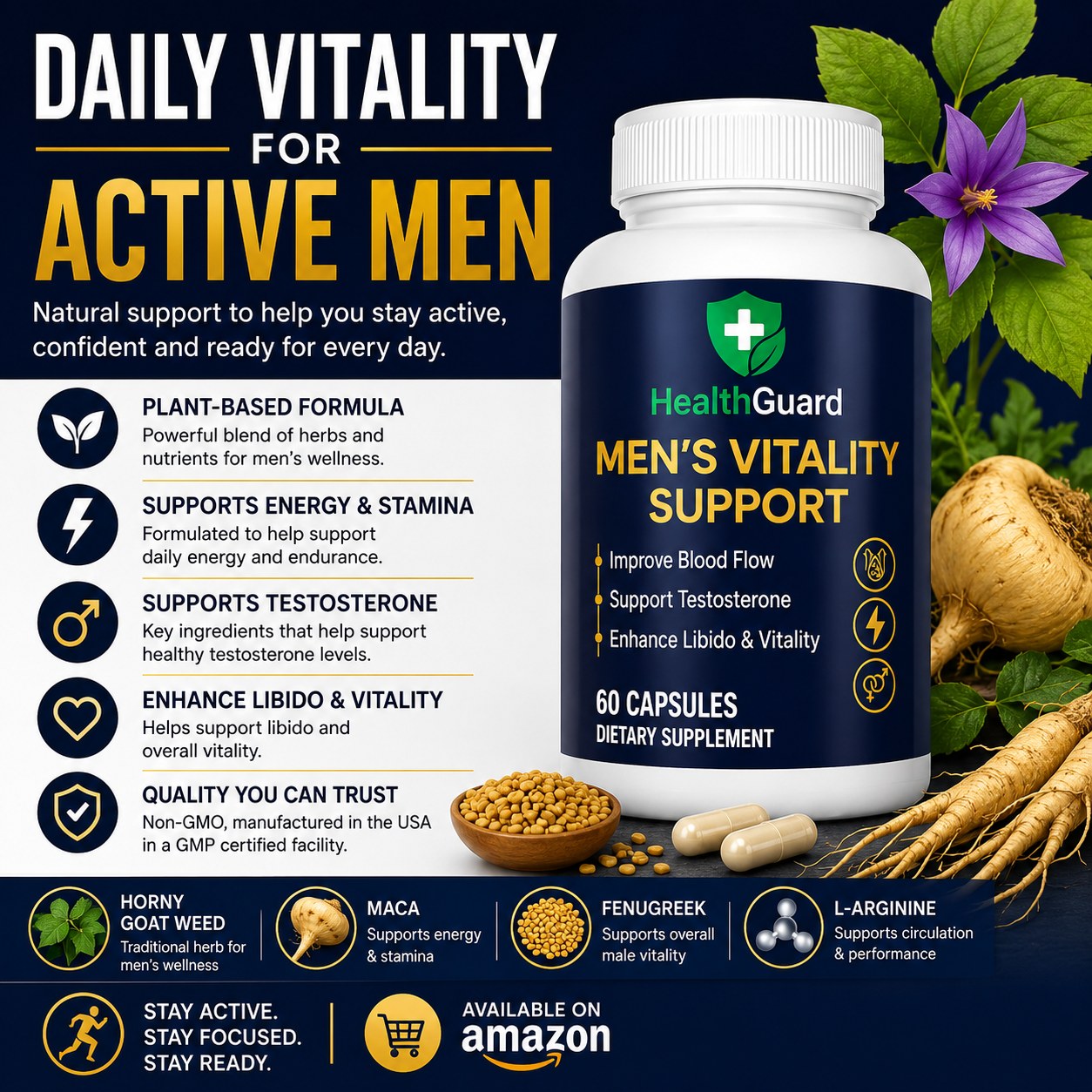 Health-Guard-Life Facebook ad: HealthGuard Men’s Vitality Support, Horny Goat Weed, Maca…