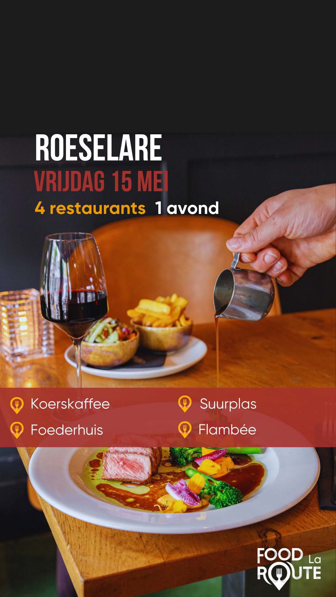 Food La Route België Facebook ad: Bekijk de beschikbare tafels en plan jullie culinaire uitje.