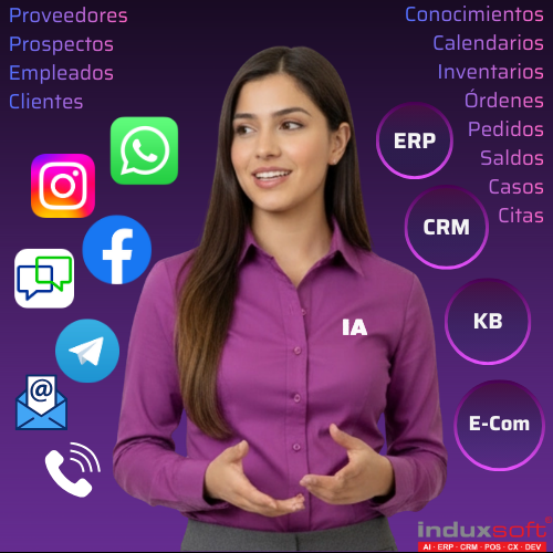 Induxsoft Facebook ad: Ofrecemos un ecosistema digital que incluye: Agentes IA…