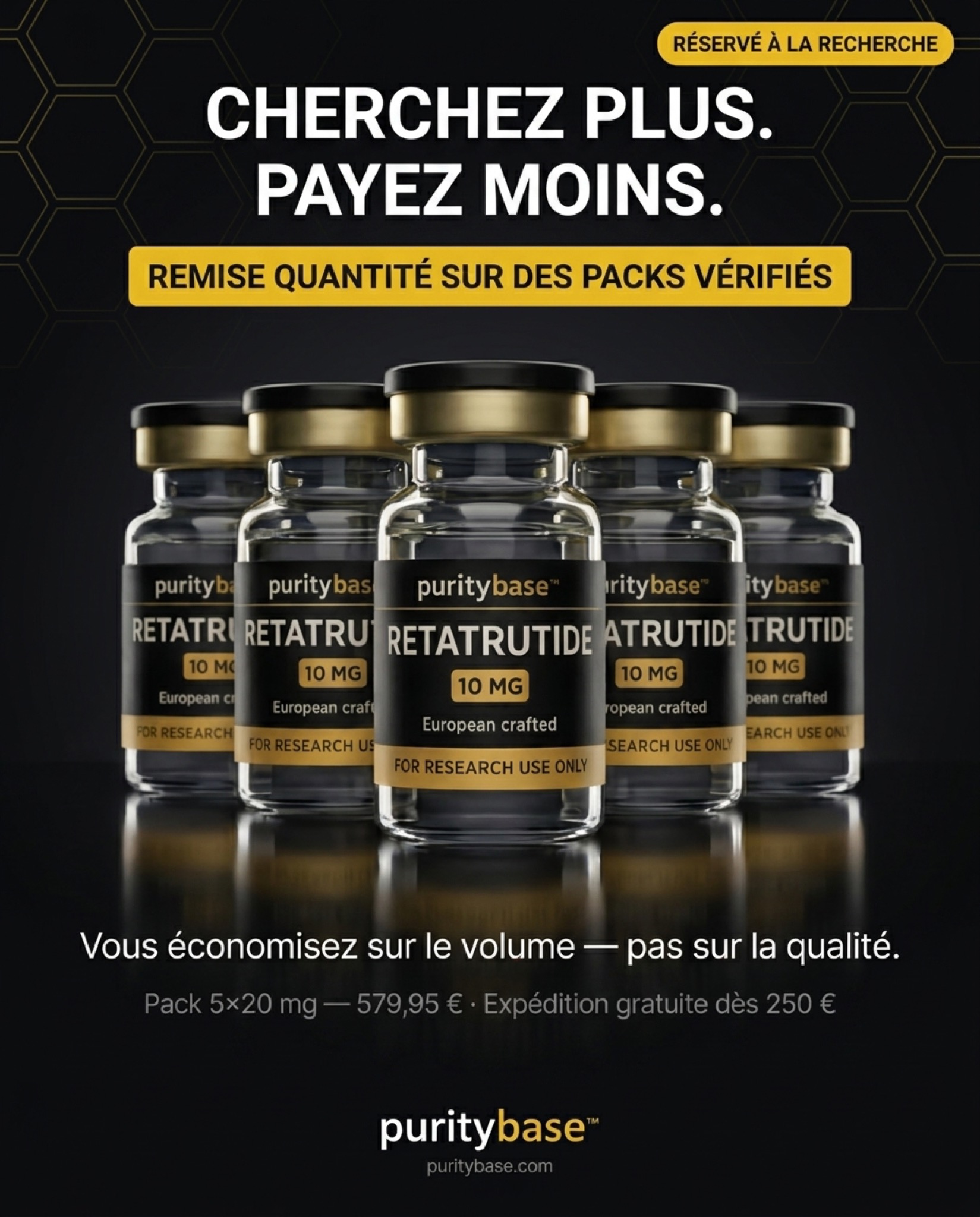 PurityBase Facebook ad: ≥99 % de pureté. Testé indépendamment. Disponible…
