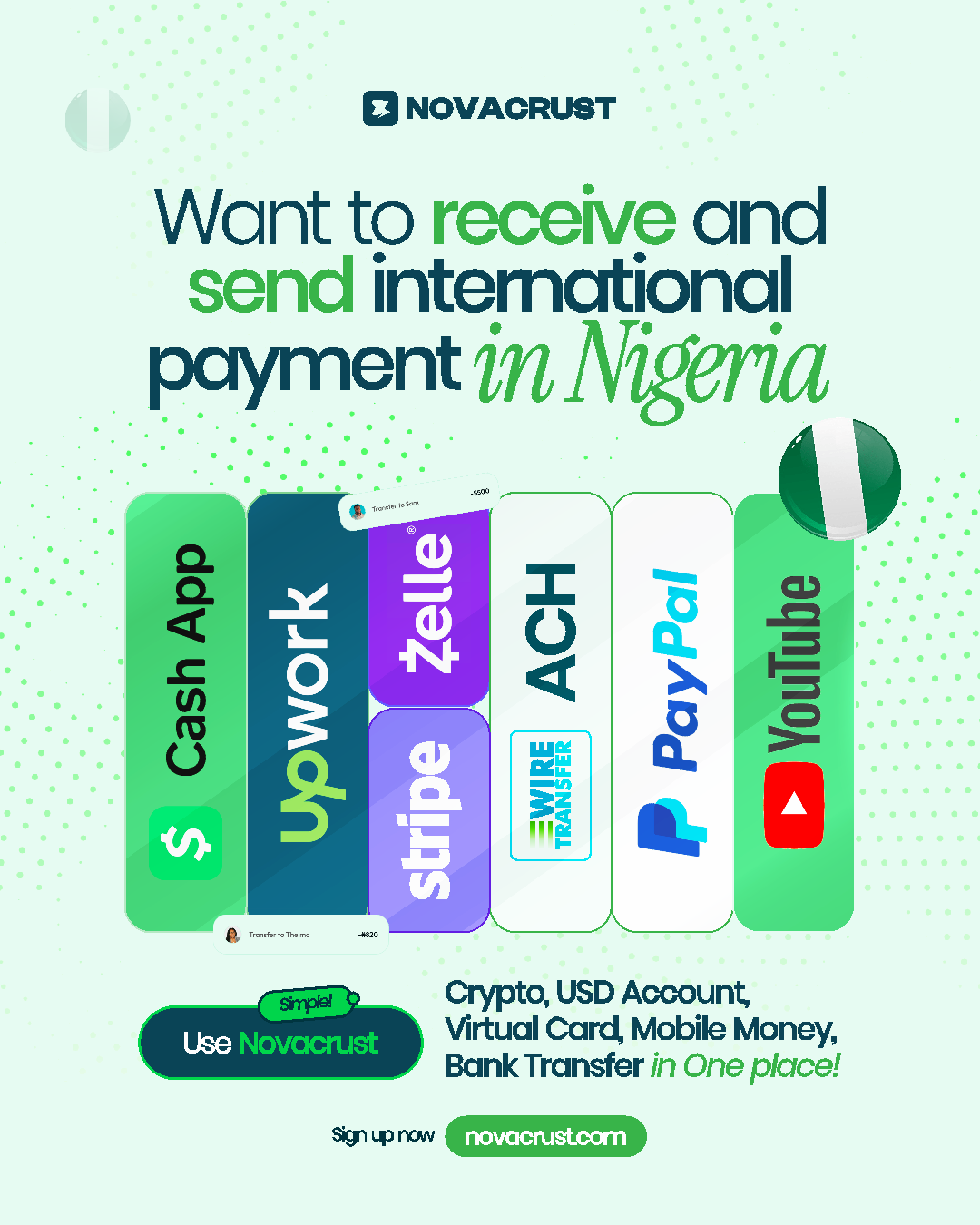 Novacrust Facebook ad: Receive International Payments Easily