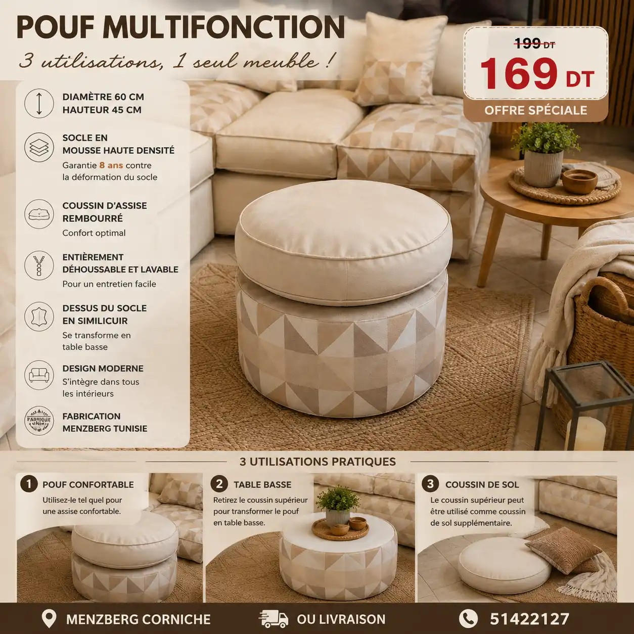 Menzberg Facebook ad: Pouf Multifonction Menzberg, Design, confort & praticité
