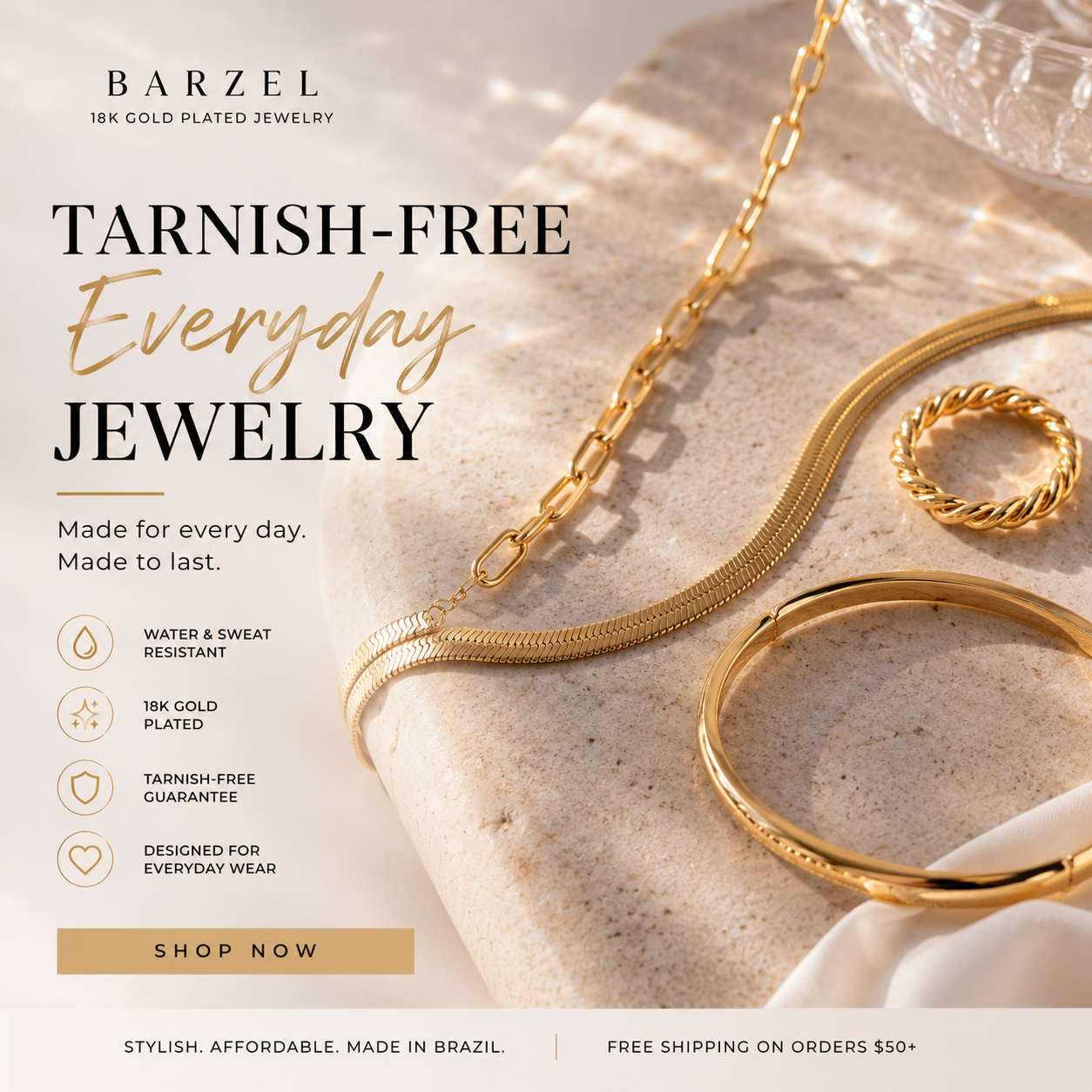 Barzel Jewelry Facebook ad: Tarnish-Free Jewelry Under $40