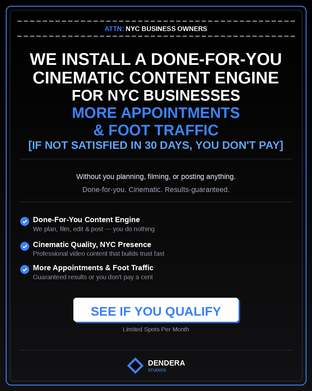 Dendera Studios Facebook ad: NYC Business Owners. You Need Content.