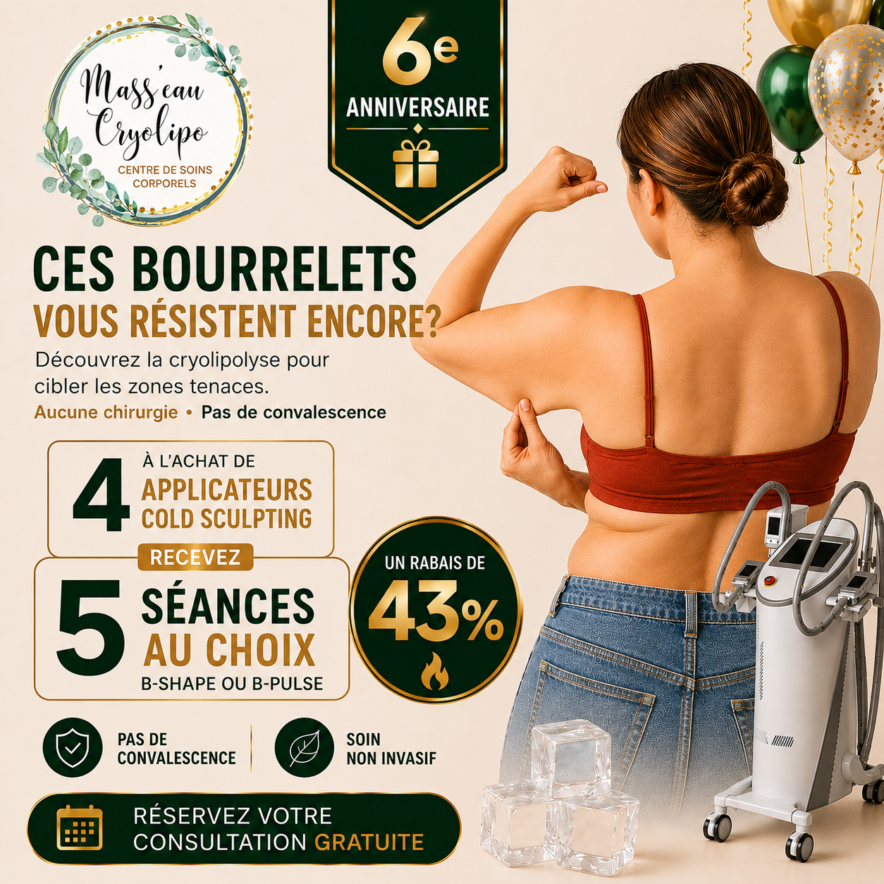 Mass'eau' Cryolipo Facebook ad: Dites adieu aux Bourrelets Tenaces!