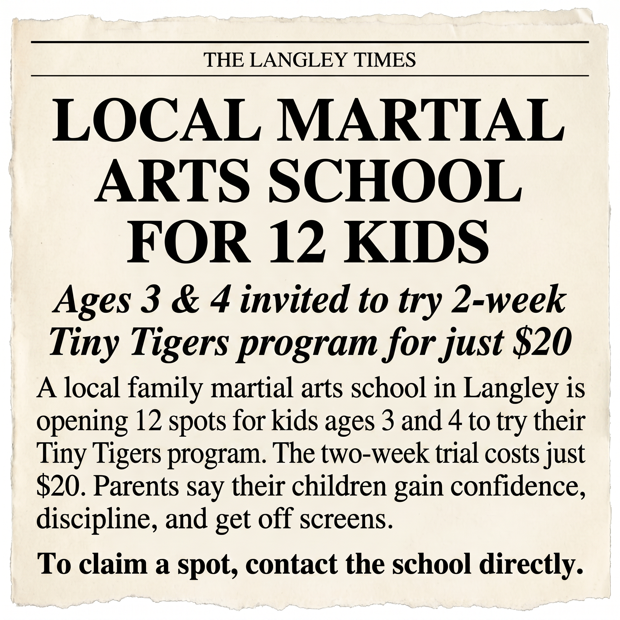 KimNik Karate Academy Facebook ad: Karate for Ages 3 & 4