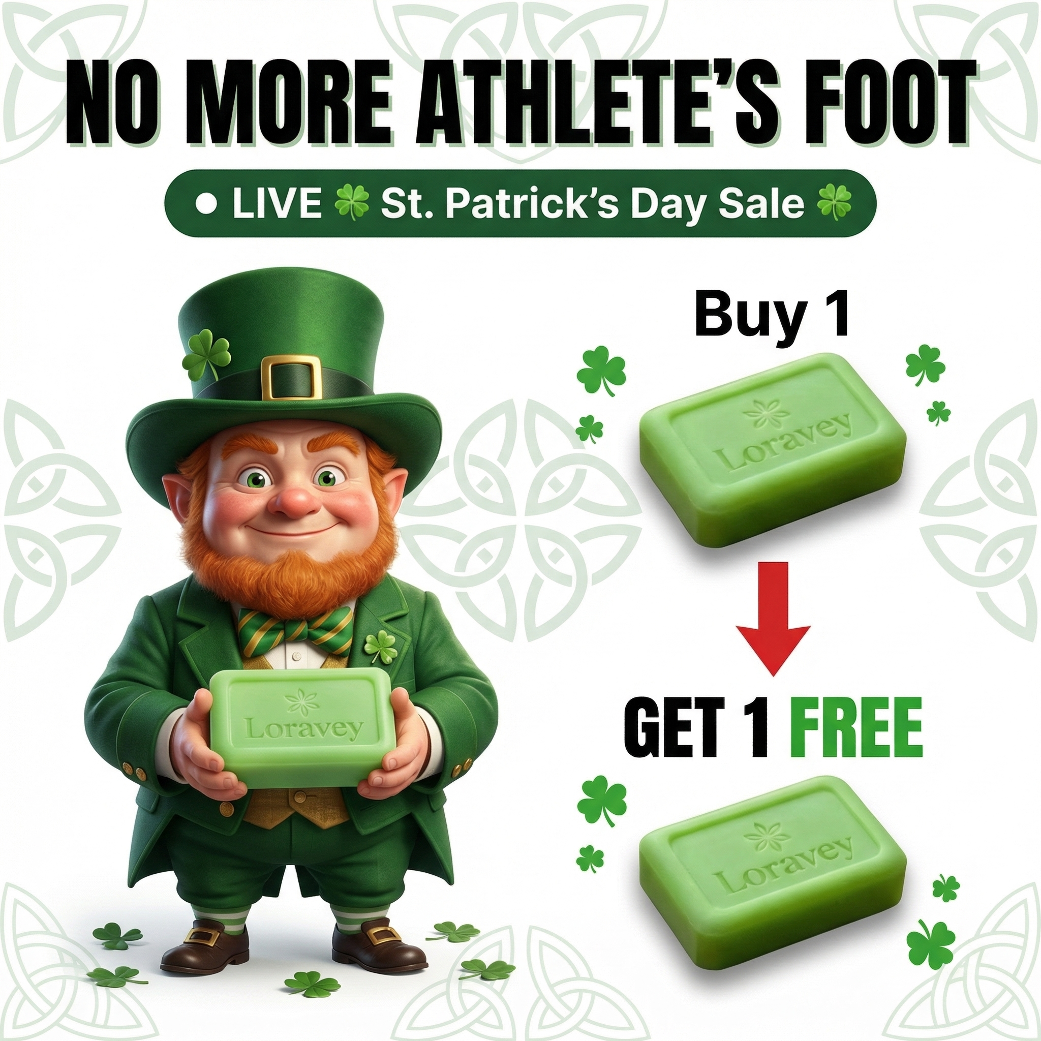 Try Loravey Facebook ad: St. Patrick's Day Sale: Buy 1 Get 1 FREE