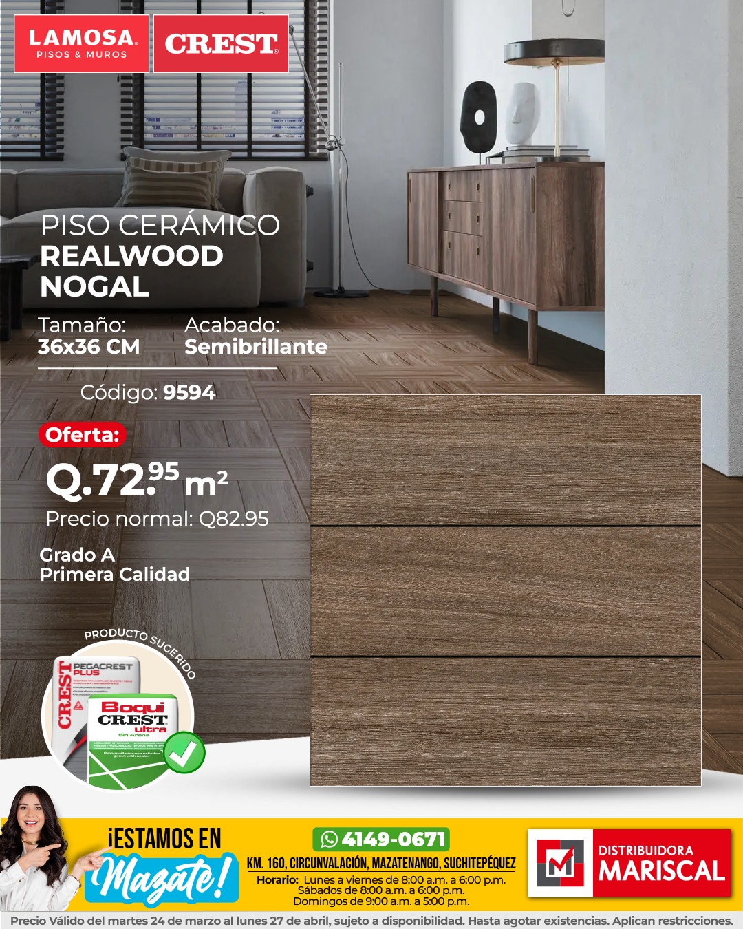 Distribuidora Mariscal Facebook ad: Piso Cerámico RealWood Nogal Q.72.95 por m²