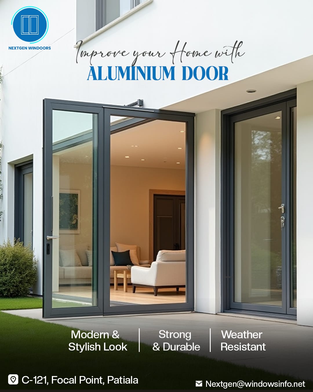 NextGen Windoors Facebook ad: Get Durable Aluminium Doors Today