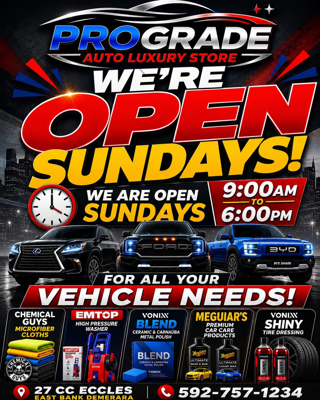 ProGrade Auto Luxury Store Facebook ad: WE’RE OPEN SUNDAYS!