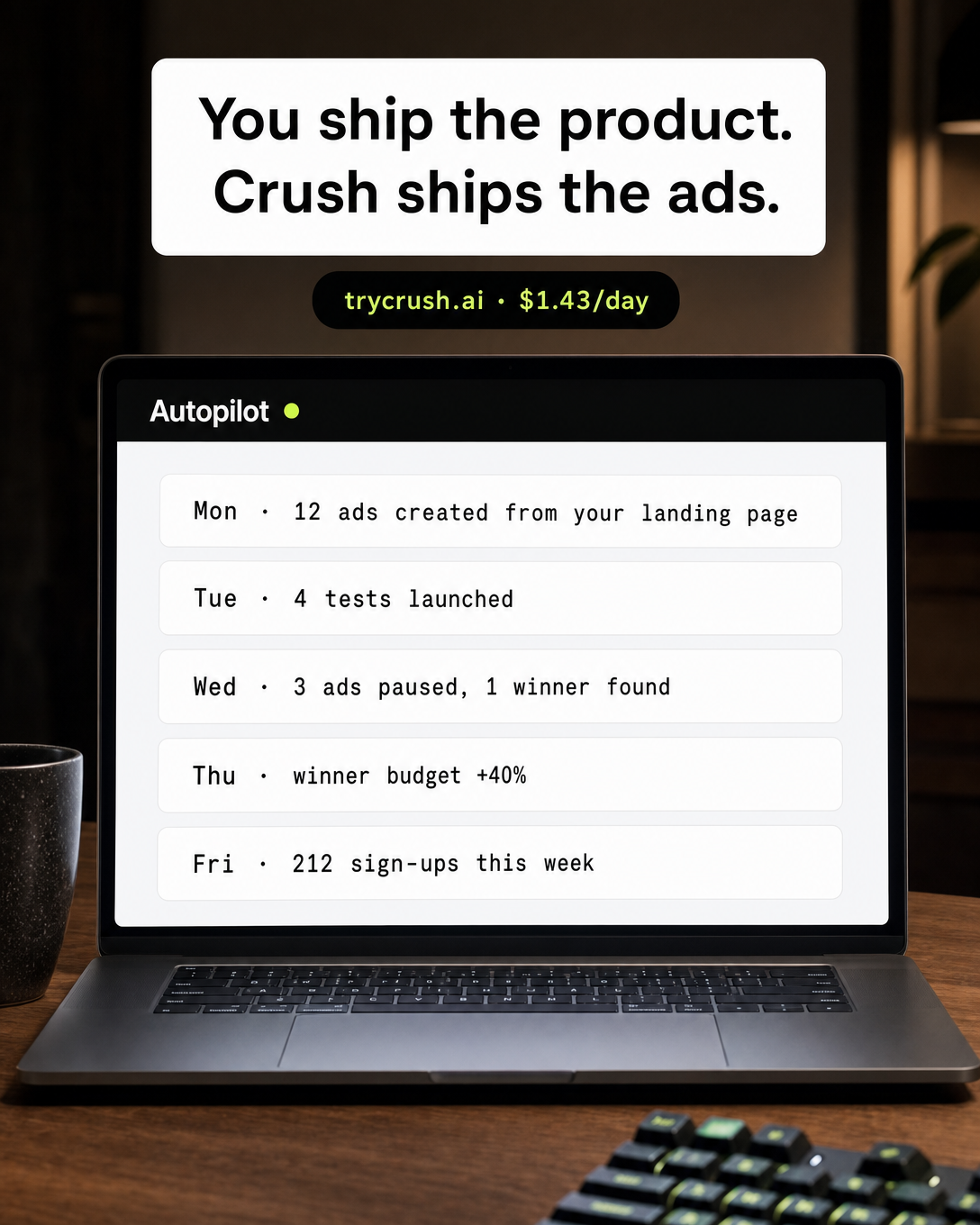 trycrush.ai Facebook ad: You ship the product. Crush ships the ads.