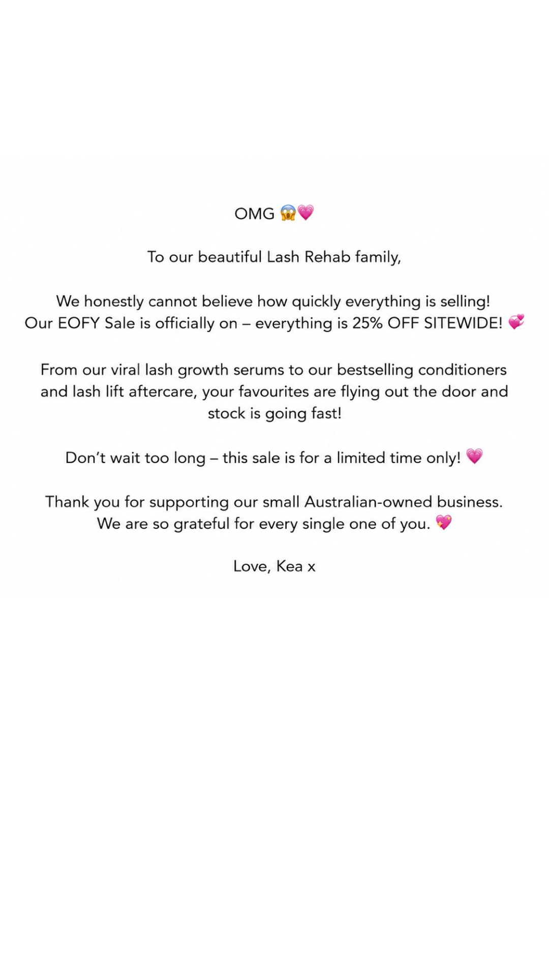 The Lash Rehab Facebook ad: 25% OFF EVERYTHING!