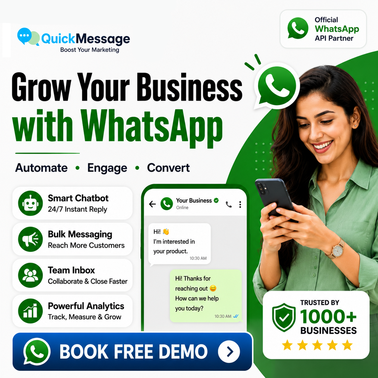 QuickMessage Facebook ad: Convert More Leads on WhatsApp