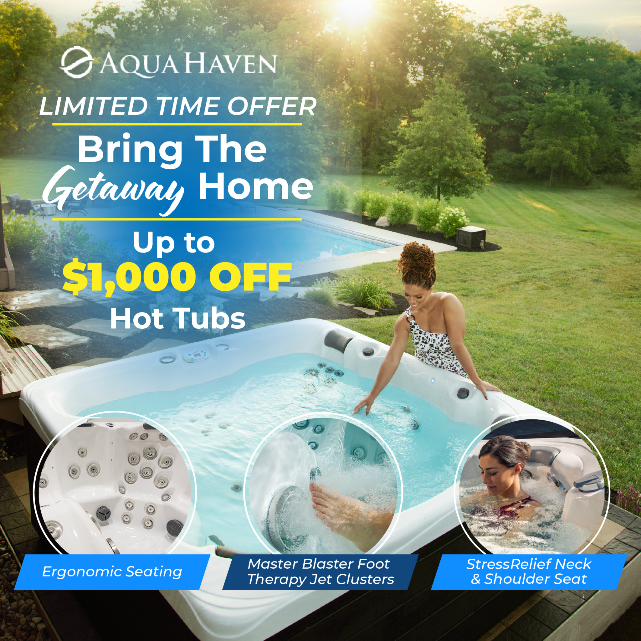 Aqua Haven Facebook ad: Save Up to $1000 Off Hot Tubs!