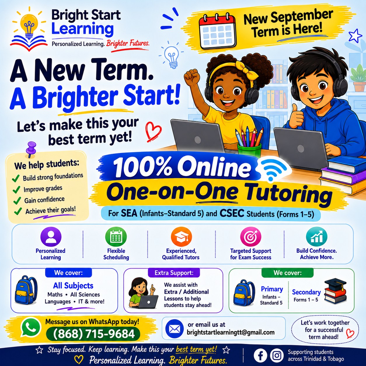 Bright Start Learning Facebook ad: Online One on One Tutoring SEA/CSEC