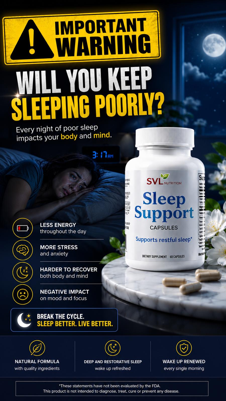 SVL Nutrition Facebook ad: Is your mind still racing long after the day has ended?