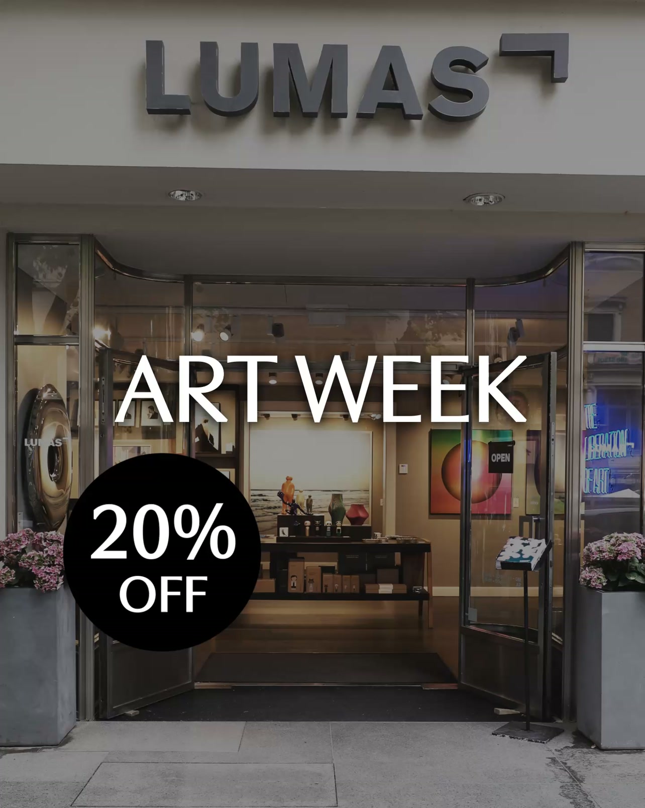 LUMAS Facebook ad: Your Art Collection Starts Here. 20% Off.