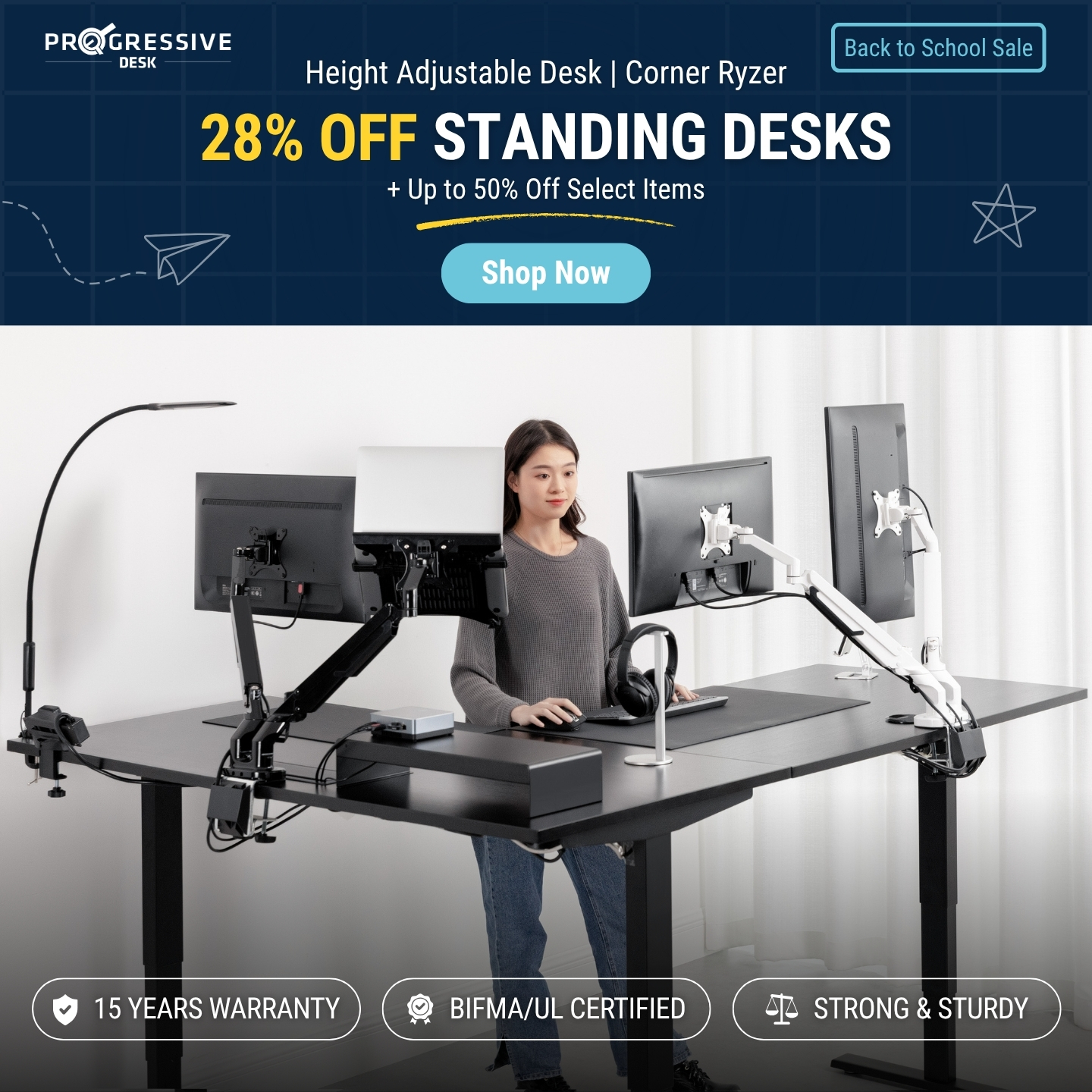 Progressive Desk Facebook ad: 28% Off Standing Desks This Back to School