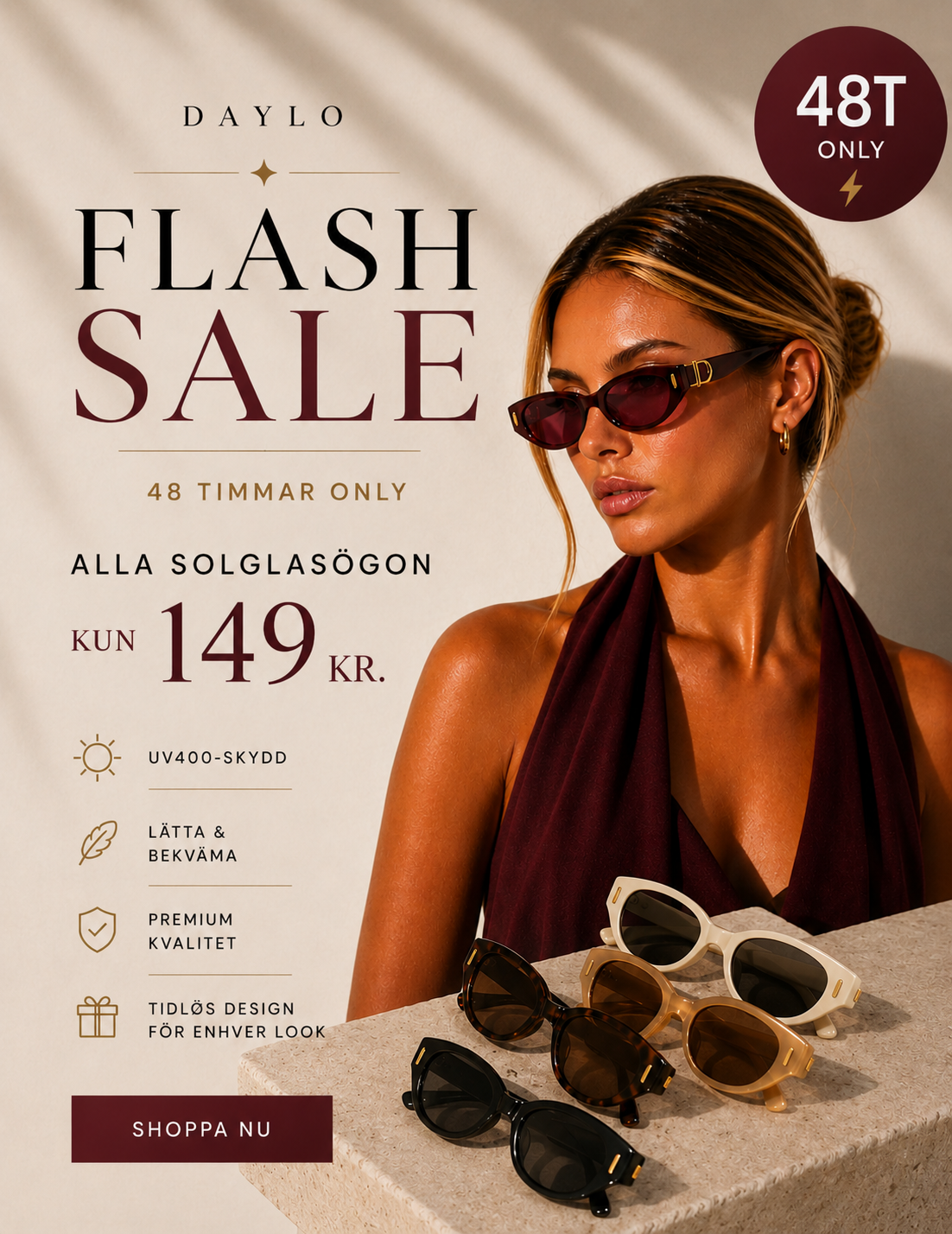 DAYLO Facebook ad: ALLA SOLGLASÖGON 149 KR, FLASH SALE